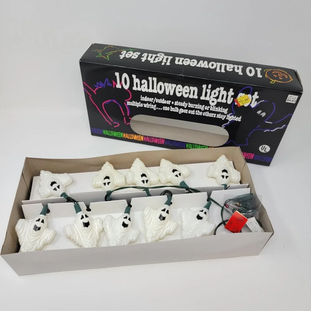 Vintage Walmart String Of 10 Plastic Halloween Ghost Lights - Tested